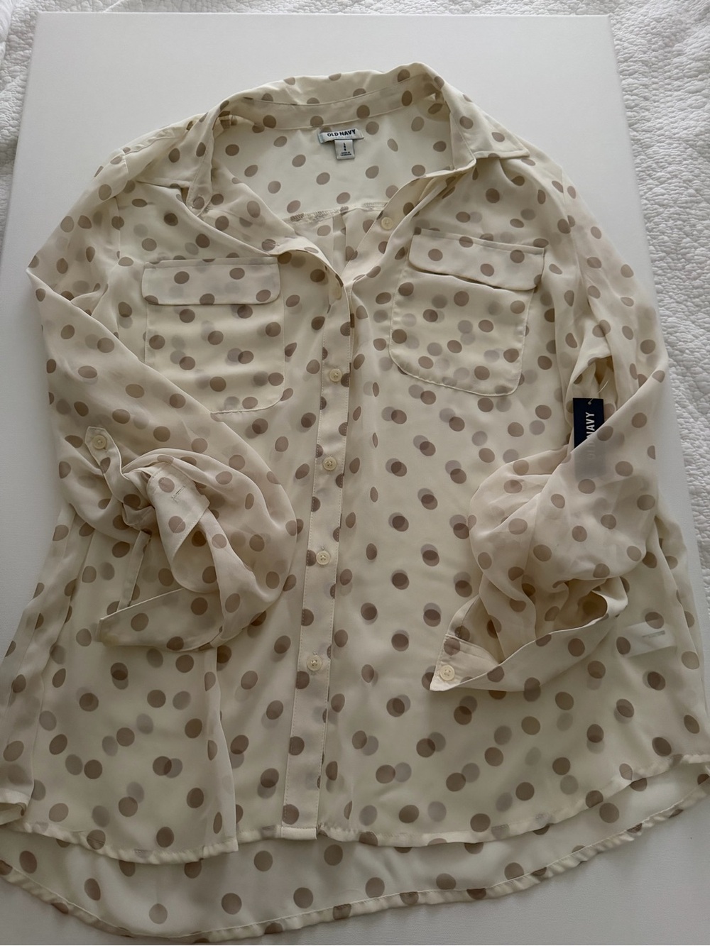 Old Navy Cream Blouse with Tan Polka Dots